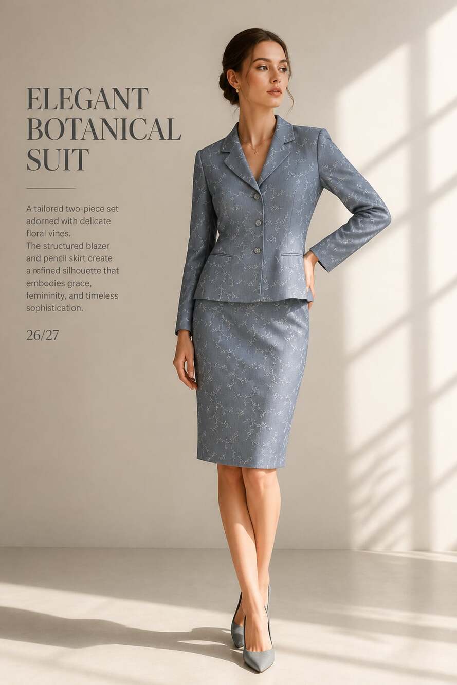 Le Suit Skirt Suit Set Blue Floral Embroidered 2-Piece